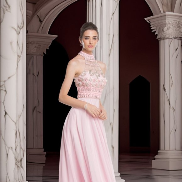 Aspeed Design - L1382 Multi-Beaded Halter Jersey Evening Dress main image 0
